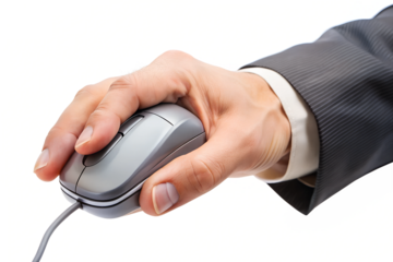 The hand, guiding the optical mouse across the laptop's touchpad, initiates a click, connecting the user to the internet for business communication