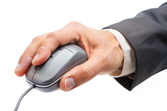 The hand, guiding the optical mouse across the laptop's touchpad, initiates a click, connecting the user to the internet for business communication