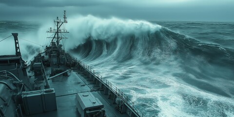 100m High Tsunami Hits Destroyer Ship – Ocean View from Cabin