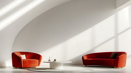 Red curved sofa and armchair near round coffee table against of white blank wall with copy space, minimalist interior design of modern living room