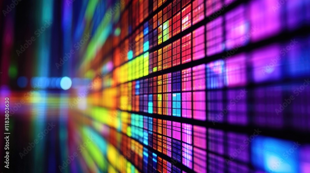 Poster a stacked area chart with vibrant colors on a digital screen, showing layered data distribution over