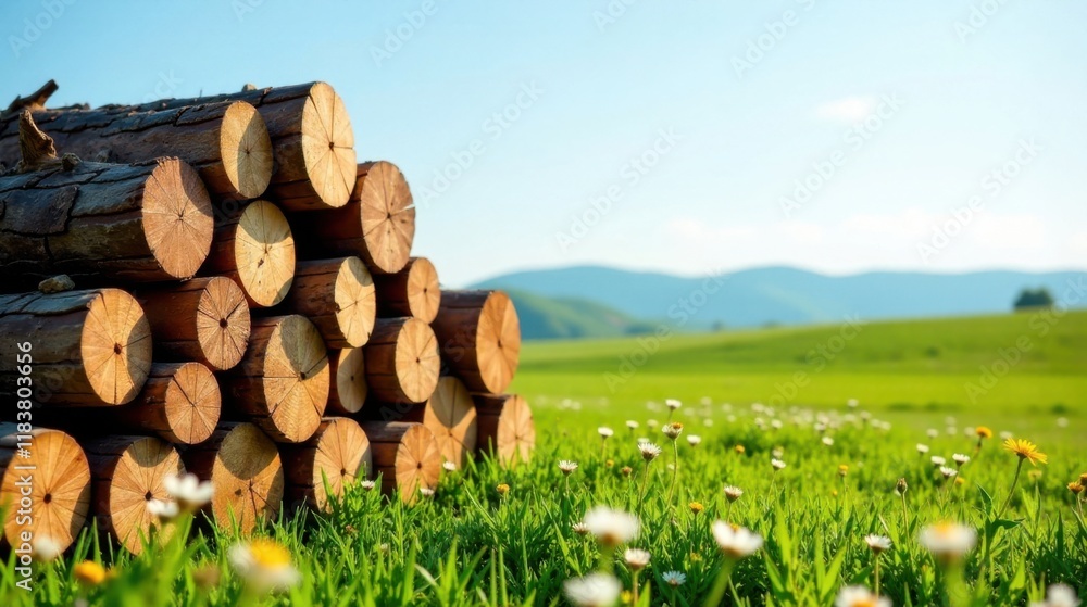 Poster Stack of Logs in a Verdant Meadow with Rolling Hills in the Background