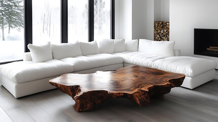 Rustic live edge coffee table near white corner sofa against window, scandinavian home interior design of modern living room with fireplace