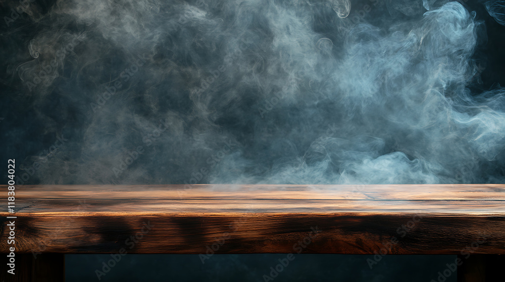 Poster smoke rising from empty wooden table on dark background, product display space