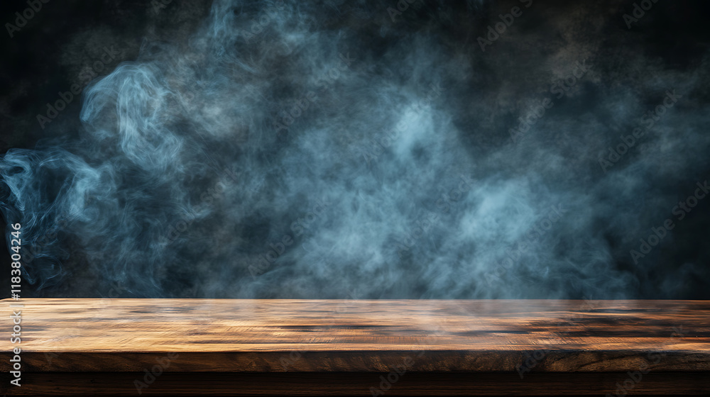 Poster smoke rising from empty wooden table on dark background, product display space