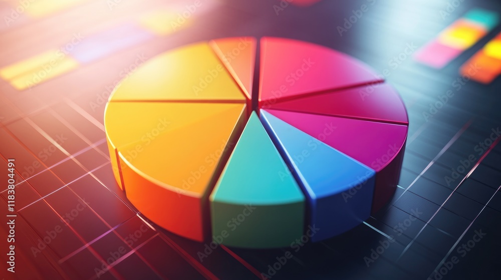 Poster a striking d pie chart displayed on a sleek digital screen, showcasing vibrant colors that represent