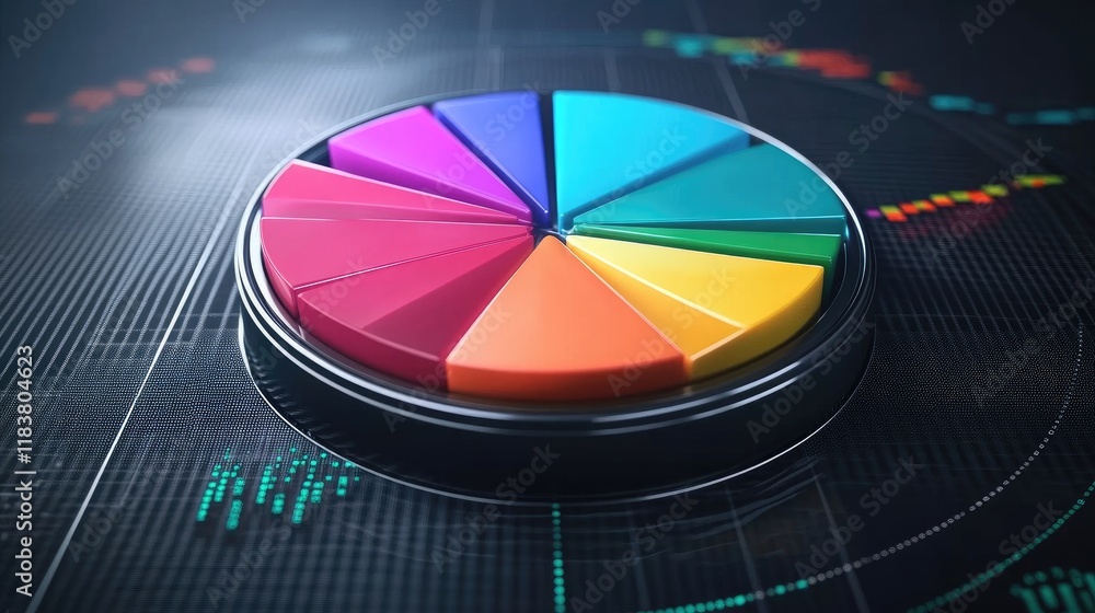 Poster a striking d pie chart displayed on a sleek digital screen, showcasing vibrant colors that represent