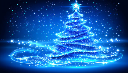 Blue glowing Christmas tree, winter, holiday card