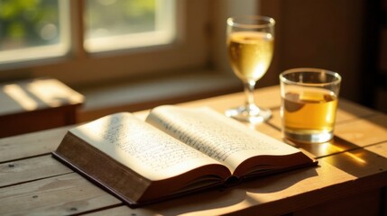 Sunlit Still Life Open Book, Wine, and Spirit on Wooden Table