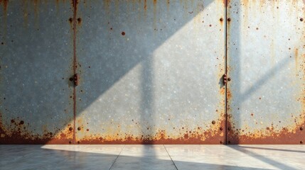 Rustic Metal Wall with Floor and Sunlit Shadows, Ideal for Industrial Design Backgrounds