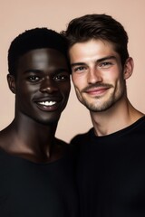 Fototapeta premium Color studio shot of a gay couple laughing affectionately.