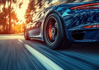 A sleek sports car speeding down a road with a dynamic motion blur effect.