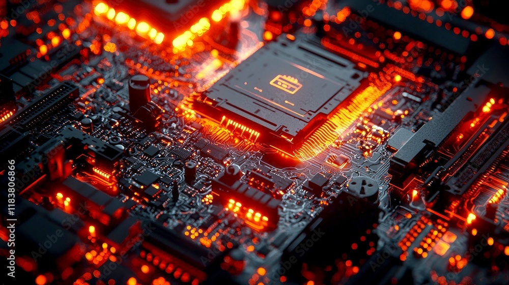 Aufkleber close-up of a glowing circuit board, showcasing intricate details of modern technology and its compl