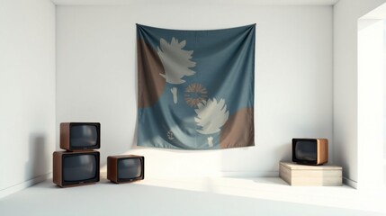 Mid-century modern interior design with abstract textile art and vintage television sets