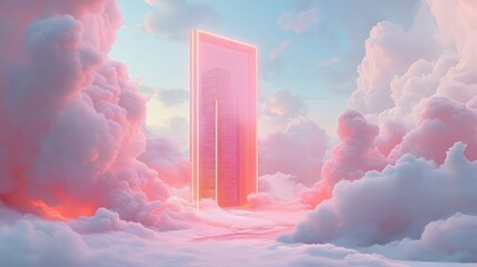 Celestial Gateway: A Surreal Dreamscape of Pink Clouds and a Neon Portal