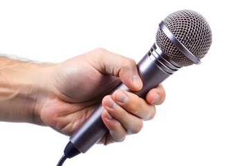 A journalist's hand holding a microphone during a live interview
