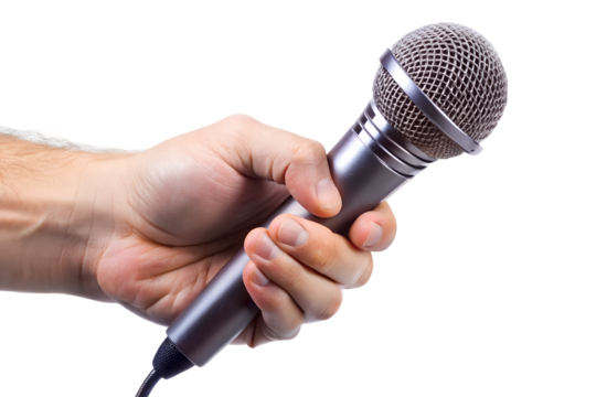 A journalist's hand holding a microphone during a live interview