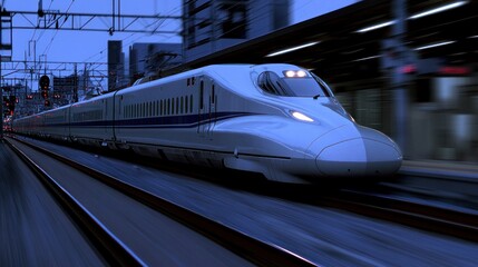 Fototapeta premium Shinkansen Bullet Train Speeding Through City at Dusk