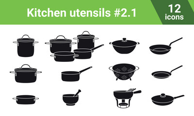 Set of vector cooking tool pictograms. Kitchen utensils icons: saucepan, ladle, wok with lid, frying pans, frying pan with lid, pancake pan, colander, mortar and pestle, fondue, set of saucepans