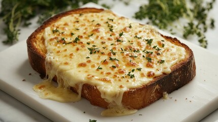 A toasted bread with melted cheese bubbling on top, placed on a white cutting board, surrounded by fresh herbs, creating a mouthwatering composition.