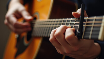 Fototapeta premium Guitarist Hand Playing Acoustic Guitar with Capo Close-up