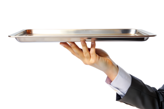 A single hand, holding a metallic tray, reminiscent of a surgeon's instrument or a chef's kitchen tool