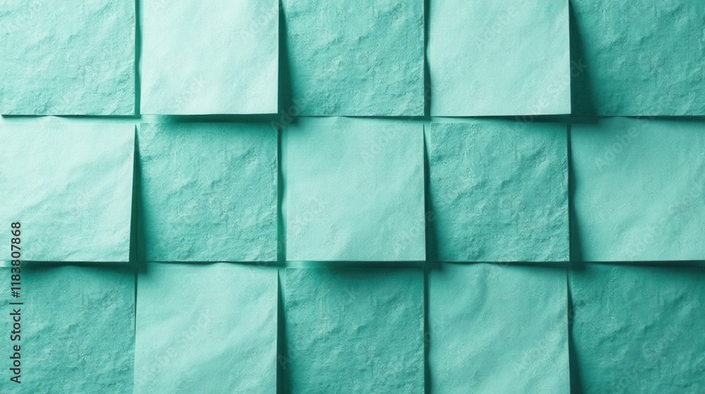 Poster Aqua-Colored Square Note Papers Arranged in a Grid Pattern for Background Use