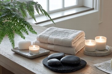 A table with a few candles and a few towels