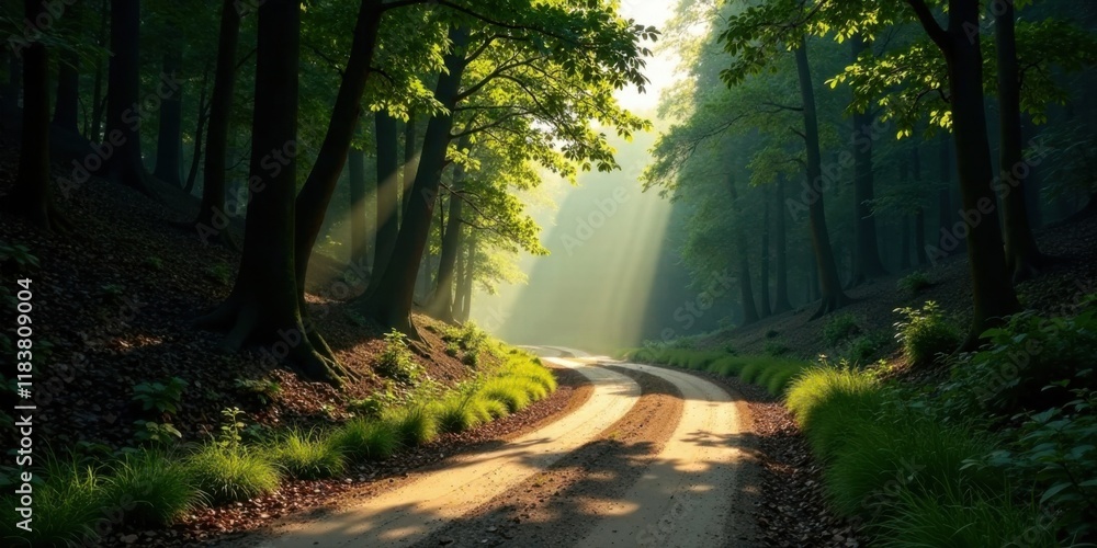 Poster sunlit forest path winding through lush green trees