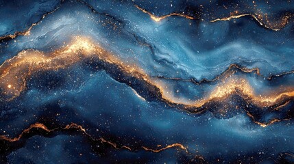 Cosmic Blue Marble: Abstract Galaxy Art, Golden Texture, Deep Space, Night Sky, Universe Painting, Swirling Nebula, Vibrant Colors, Fluid Design, Luxury Background