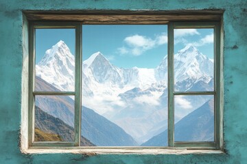 A window with a view of mountains