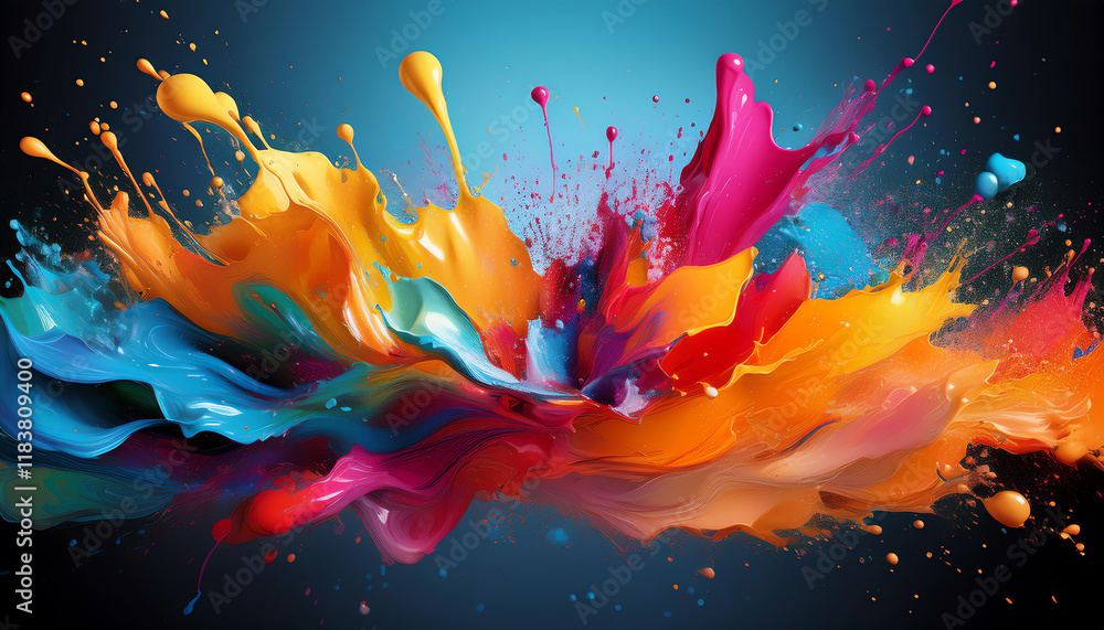 Poster a vibrant explosion of paint splashes in various colors against a dark background, creating a stunni