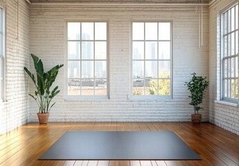Fototapeta premium A large room with a white brick wall and two windows