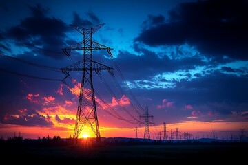 Energy infrastructure at dusk, utility lines and structures against a vibrant colored sky