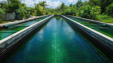 A serene landscape featuring green water channels lined with concrete, surrounded by lush vegetation under a bright blue sky.
