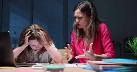 Mom scolds schoolgirl demanding explanation for unsatisfactory grades. Irritated mother criticizes daughter for neglecting student responsibilities slow motion
