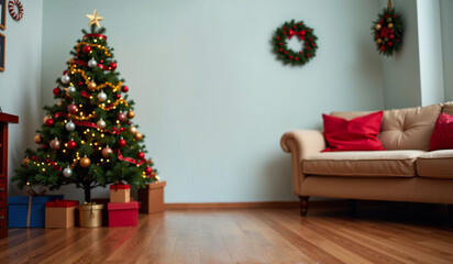 room with christmas tree and armchair