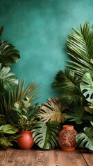 Fototapeta premium Lush Tropical Foliage and Terracotta Potted Plants Against a Teal Wall Background