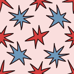 Abstract quirky Stars Pattern. Wrapping, packaging in flat style. Blue and pink. Suitable for gift wrap, greeting card, textile design, fabric.