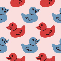 Rubber Ducks seamless Pattern. Wrapping, packaging in flat style. Blue and pink. Suitable for gift wrap, greeting card, textile design, fabric.