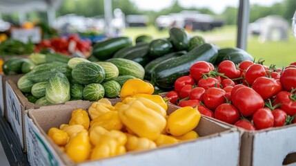 A vibrant display of fresh vegetables at a market, featuring cucumbers, zucchinis, yellow peppers, and ripe tomatoes, showcasing farm-to-table produce.