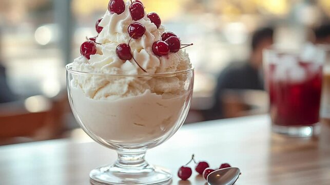milky sundae with red cherries topping