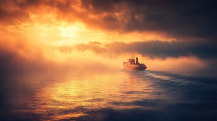 Majestic Sunset over the Ocean with a Ship Sailing