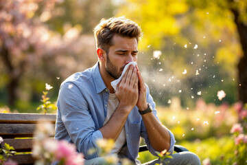Young Caucasian man sneezing into a tissue while sitting on a park bench surrounded by blooming flowers, suffering from seasonal pollen allergy during a sunny spring day.