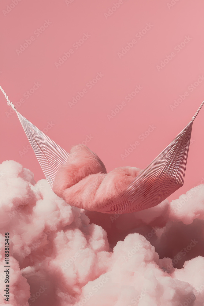 Poster dreamy pink hammock in cloudy pastel fantasy setting with soft color scheme