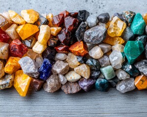 Collection of Colorful Gemstones Crystals Minerals and Rough Stones on Gray Wooden Background