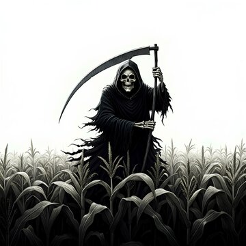 a scary grim reaper in the middle of corn field, horror concept, illustration