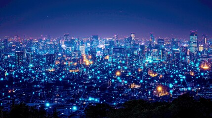 Obraz premium Futuristic Cityscape at Night: A Stunning Panorama of Urban Lights and Connections