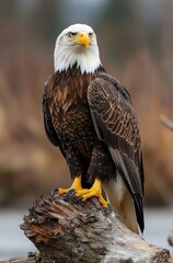 Fototapeta premium A large eagle is perched on a tree stump