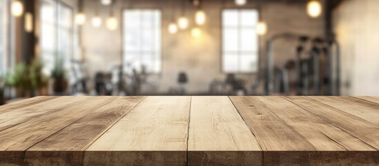 A wooden table with a view of a gym